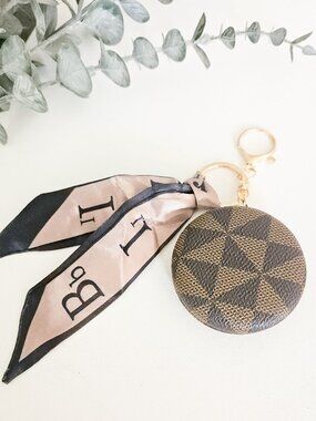 Portable Compact Mirror Keychain w/Ribbon - Brown/Black - S/H Discount